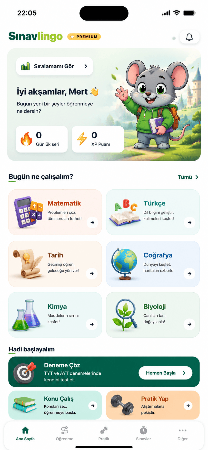 Sınavlingo ana ekranı — TYT/AYT dersleri ve günlük plan